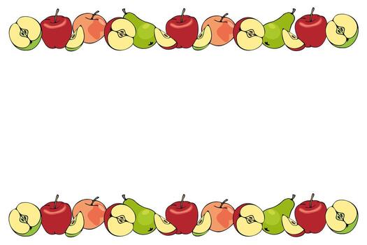 frame of colored apples along the top and bottom edges on a white background. vector