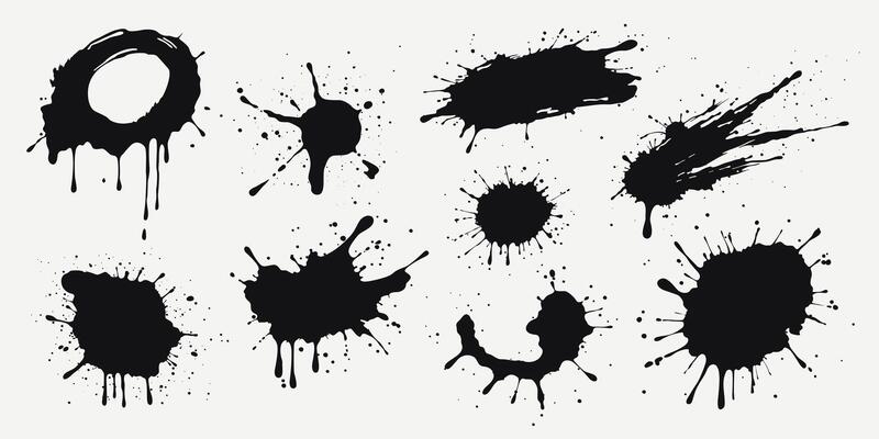 Black paint splashes, ink drops, liquid drips and splashes. Grunge stains with scattered and dripping droplets. Isolated sprayed elements. Blobs of various shapes. Abstract illustrations.