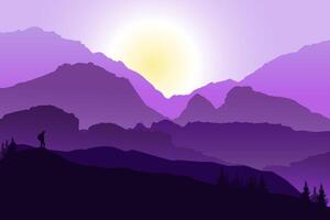 lonely tourist in the mountains with coniferous trees at dawn vector