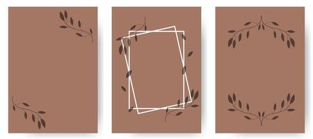 Set of frame posters decorated with leaves on elegant branches. templates on trendy color. vector