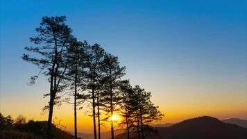 Sunset in the winter mountains. The setting sun shines down on a serene mountain landscape covered with tropical trees in the evening. video