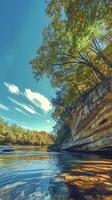 Cliffside Serenity by the River. A tranquil riverscape featuring a calm waterway bordered by towering cliffs with layered rock formations. Scene capturing the harmony of earth, water, and sky photo