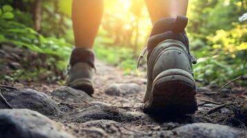 Close-Up of Hiking Boots on a Forest Trail. A close-up view of a hiker s boots walking along a rocky forest trail, surrounded by lush greenery. photo