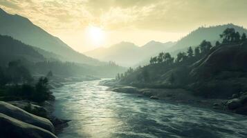 Golden Glow Over a Flowing River. A breathtaking view of a river winding through a tranquil mountain valley during sunrise. photo