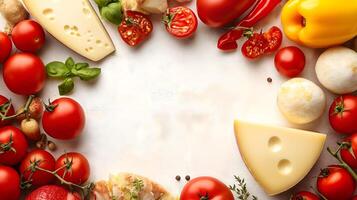 Cheese and Tomatoes Arrangement on White Surface. A bright and appetizing composition of various types of tomatoes, cheese slices, and bell peppers arranged on a clean white surface. photo