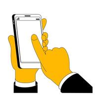 Hands in outline style with a smartphone. vector
