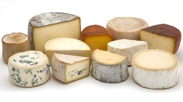 Selection of Artisan Cheese Rounds. A collection of artisan cheese rounds in various textures and flavors, including blue cheese, soft-ripened, and aged varieties photo