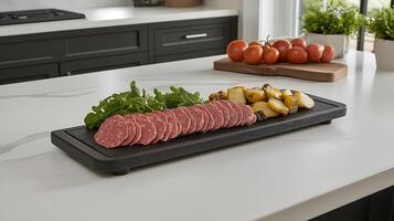 Sliced Sausage and Potatoes on Slate Plate. A modern kitchen setting showcasing a slate plate with neatly sliced sausage, roasted potato wedges, and fresh greens photo