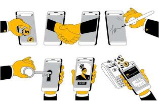 Hands perform different manipulations with the phone. Set of illustrations in a linear style. vector