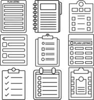 Hand Drawn To Do List Today Tasks And Sketch Weekly Planner For Work organization Or Management, Reminder. Clipboard With Bullet List, Note Pages With Check And Tick Marks Line Art Set vector
