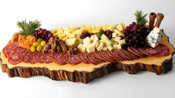 Charcuterie and Cheese Board with Grapes and Nuts. A rustic charcuterie board featuring a variety of sliced cured meats, diced cheeses, fresh grapes photo