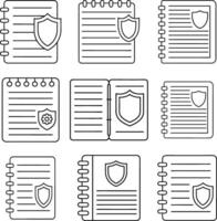 Notebook Icon Set Design With Shield For Personal And Commercial Usage Line Art Illustration On An Isolated White Background vector