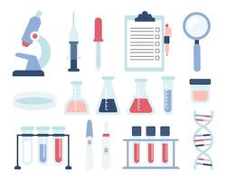 Medical test set of elements. Test tubes, microscope, flasks. DNA test. vector
