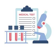 Medical test icon. Test tubes, microscope and paper tablet in flat style. vector
