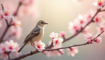 Small bird perched on a blossoming tree branch, beginning of spring photo