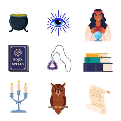 Magician tools, wizard magic amulet, spell book, crystal ball, evil eye, tarot cards, potion cauldron. illustration.