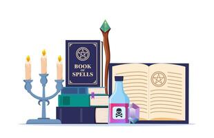 Magician tool composition. Wizard magic mystery amulet, spell book, magic bottle with elixir, candles. illustration. vector