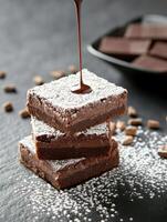 Decadent chocolate brownies with powdered sugar and drizzled chocolate sauce photo