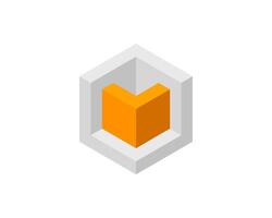 Modern abstract isometric design featuring a vibrant orange cube within a gray hexagonal frame. Perfect for tech, corporate, or app branding, presentations, and website design. vector