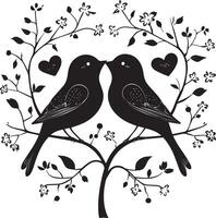 two birds are sitting on a tree with hearts vector