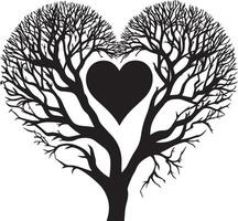 a black and white silhouette of a tree with a heart in the middle vector