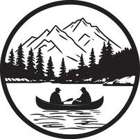 two people in a canoe on the lake with mountains in the background vector