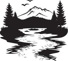 a river and mountains with trees and birds vector