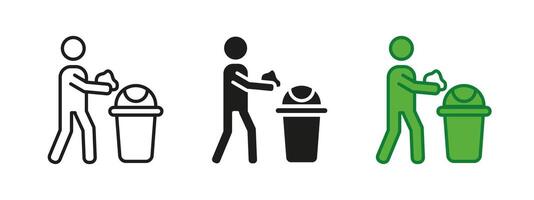 Person throwing trash in bin icon. Stick figure disposing waste into a trash can illustration. Keep clean and maintain hygiene concept. Proper garbage disposal pictogram. vector