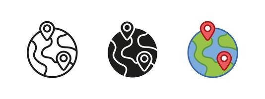 Global location icon. World map with GPS pins illustration. Navigation and travel destination concept. Earth position and geography symbol. Digital map and direction sign. vector