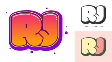 RJ logo design for festival or party. Initial letter r and j in graffiti style. Creative modern lettering company name of font typography. Kids trendy logotype or identity. vector