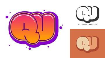 QU logo design for festival or party. Initial letter q and u in graffiti style. Creative modern lettering company name of font typography. Kids trendy logotype or identity. vector