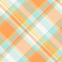 Overlayed fabric tartan, geometrical pattern seamless textile. Subtle texture check background plaid in orange and light colors. vector