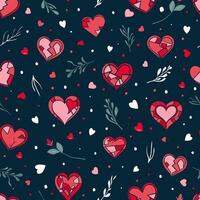 seamless pattern with hearts and leaves on a dark navy blue background. Romantic Valentines day backdrop with stylized hearts and floral elements for textile, wrapping, scrapbook, web. vector