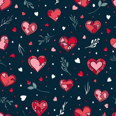 seamless pattern with hearts and leaves on a dark navy blue background. Romantic Valentines day backdrop with stylized hearts and floral elements for textile, wrapping, scrapbook, web.