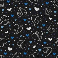 seamless pattern with white and blue hearts. Stylized, fractured outlined hearts on black background for textile, scrapbook, wrapping. Doodle contrast backdrop with broken hearts vector
