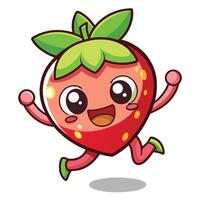 a cartoon strawberry character running and smiling white background, vector
