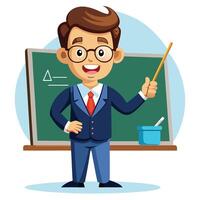 a cartoon teacher with a pointer and a chalkboard white background vector