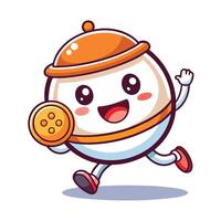 a cartoon egg character running with a cookie white background vector