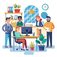 people working in an office with a computer and plants white background vector