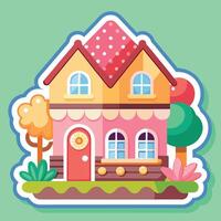 sticker with house and trees on a green background vector