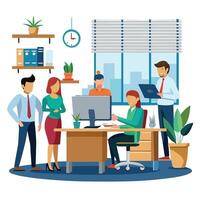 people working in an office with a computer and a clock white background vector