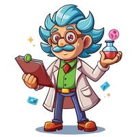 cartoon scientist holding a flask and a clipboard white background vector
