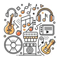 music and music instruments icons in a circle white background vector