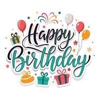happy birthday text with gifts and balloons white background vector