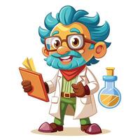 cartoon scientist holding a book and a flask white background vector