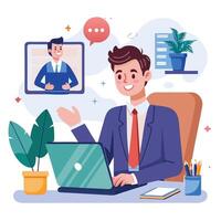 a man in a suit is sitting at a desk with a laptop white background vector