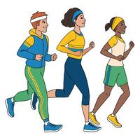 three people running together in different colors white background vector