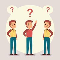 three men are standing in front of a question mark white background vector