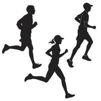 three silhouettes of people running in different positions white background vector