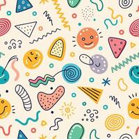 seamless pattern with colorful shapes and symbols white background vector